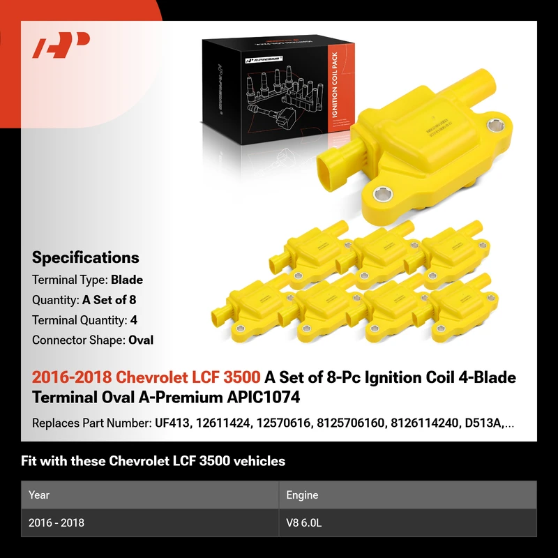 2016-2018 Chevrolet LCF 3500 A Set of 8-Pc Ignition Coil 4-Blade Terminal Oval A-Premium APIC1074