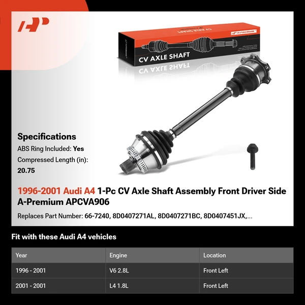 1996-2001 Audi A4 1-Pc CV Axle Shaft Assembly Front Driver Side A-Premium APCVA906