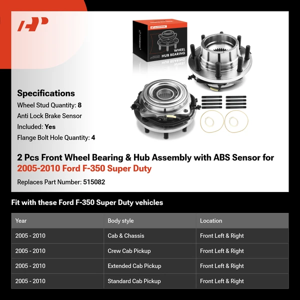 2 Pcs Front Wheel Bearing & Hub Assembly with ABS Sensor for 2005-2010 Ford F-350 Super Duty
