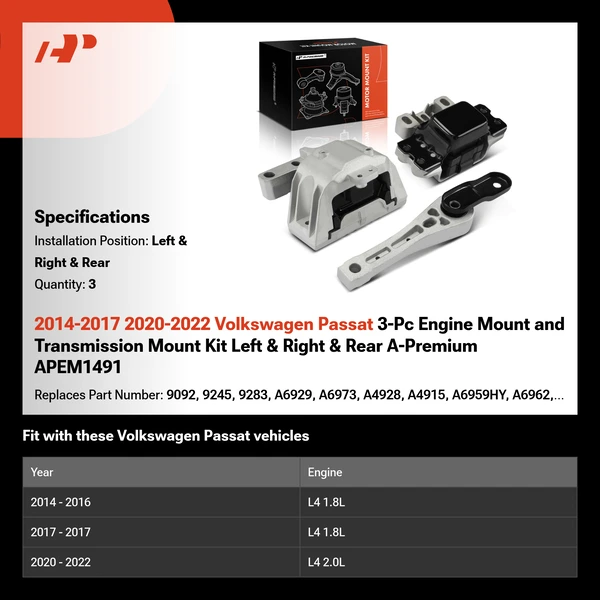 2014-2017 2020-2022 Volkswagen Passat 3-Pc Engine Mount and Transmission Mount Kit Left & Right & Rear A-Premium APEM1491