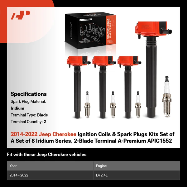 2014-2022 Jeep Cherokee Ignition Coils & Spark Plugs Kits Set of A Set of 8 Iridium Series, 2-Blade Terminal A-Premium APIC1552
