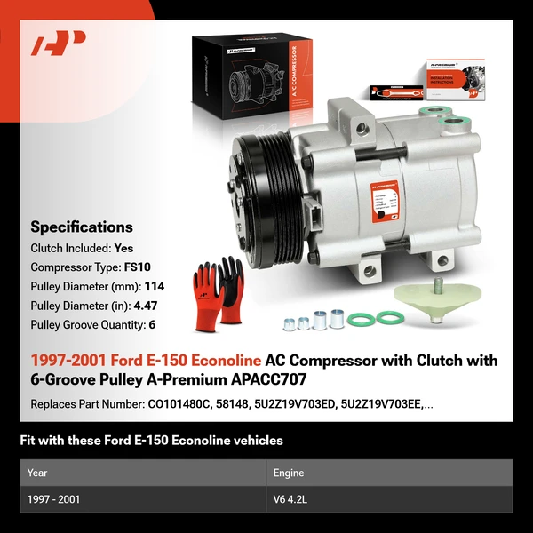 1997-2001 Ford E-150 Econoline AC Compressor with Clutch with 6-Groove Pulley A-Premium APACC707