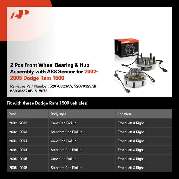 2 Pcs Front Wheel Bearing & Hub Assembly with ABS Sensor for 2002-2005 Dodge Ram 1500