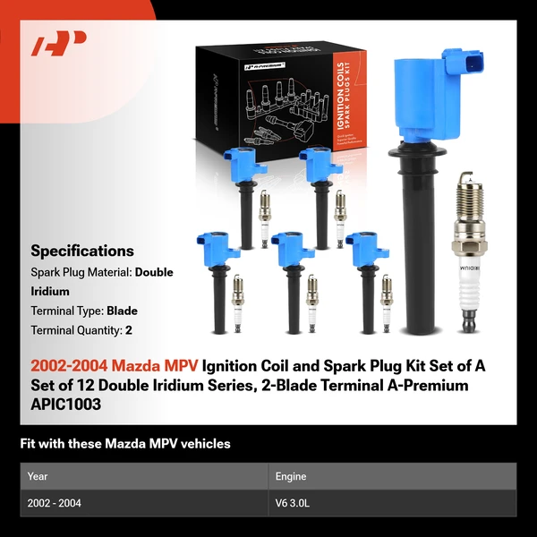 2002-2004 Mazda MPV Ignition Coil and Spark Plug Kit Set of A Set of 12 Double Iridium Series, 2-Blade Terminal A-Premium APIC1003