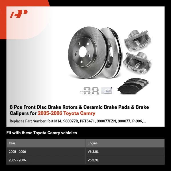 8 Pcs Front Disc Brake Rotors & Ceramic Brake Pads & Brake Calipers for 2005-2006 Toyota Camry