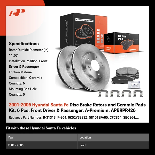 2001-2006 Hyundai Santa Fe Disc Brake Rotors and Ceramic Pads Kit, 6 Pcs, Front Driver & Passenger, A-Premium, APBRPR426