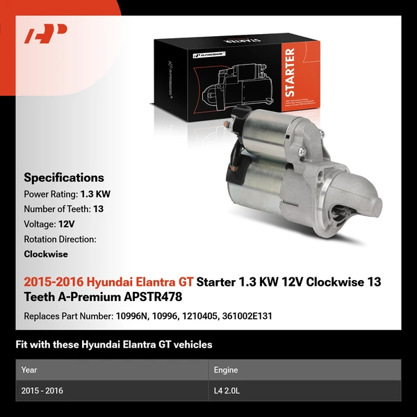 2015-2016 Hyundai Elantra GT Starter 1.3 KW 12V Clockwise 13 Teeth A-Premium APSTR478