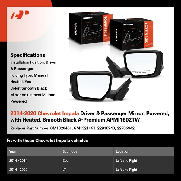 2014-2020 Chevrolet Impala Driver & Passenger Mirror, Powered, with Heated, Smooth Black A-Premium APMI1602TW