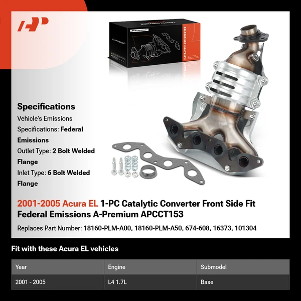 2001-2005 Acura EL 1-PC Catalytic Converter Front Side Fit Federal Emissions A-Premium APCCT153