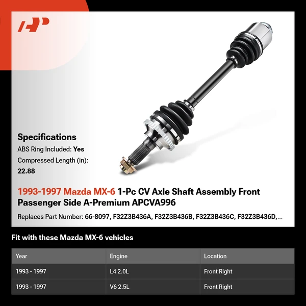 1993-1997 Mazda MX-6 1-Pc CV Axle Shaft Assembly Front Passenger Side A-Premium APCVA996