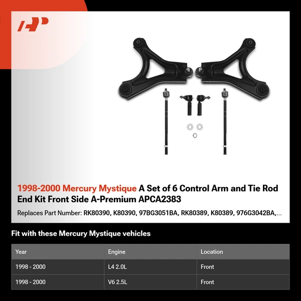1998-2000 Mercury Mystique A Set of 6 Control Arm and Tie Rod End Kit Front Side A-Premium APCA2383