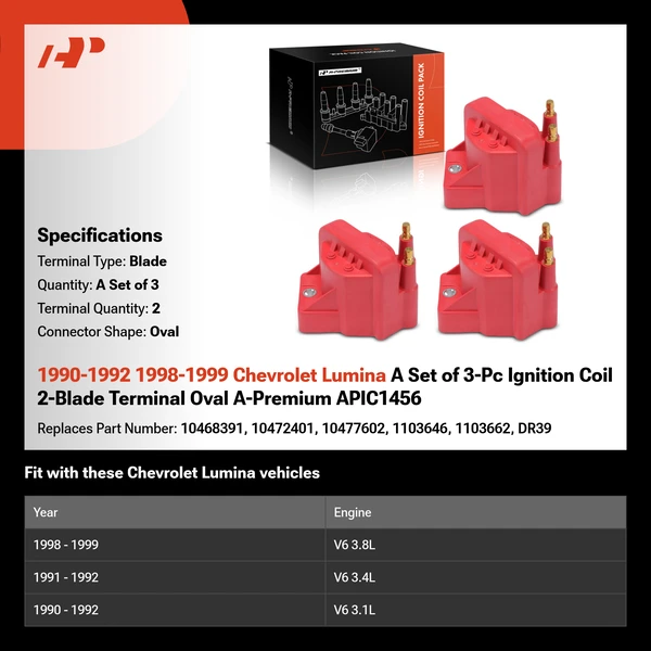 1990-1992 1998-1999 Chevrolet Lumina A Set of 3-Pc Ignition Coil 2-Blade Terminal Oval A-Premium APIC1456