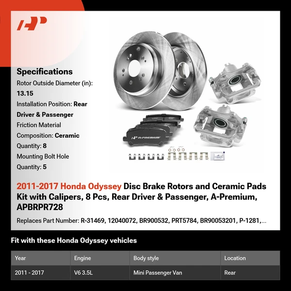 2011-2017 Honda Odyssey Disc Brake Rotors and Ceramic Pads Kit with Calipers, 8 Pcs, Rear Driver & Passenger, A-Premium, APBRPR728