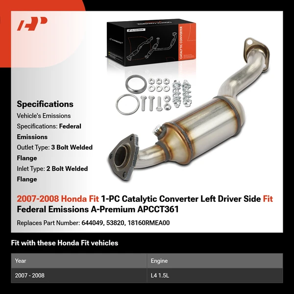 2007-2008 Honda Fit 1-PC Catalytic Converter Left Driver Side Fit Federal Emissions A-Premium APCCT361