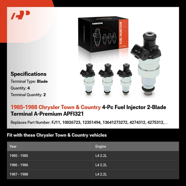 1985-1988 Chrysler Town & Country 4-Pc Fuel Injector 2-Blade Terminal A-Premium APFI321