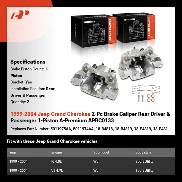 1999-2004 Jeep Grand Cherokee 2-Pc Brake Caliper Rear Driver & Passenger 1-Piston A-Premium APBC0133