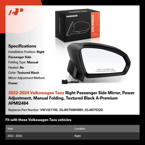 2022-2024 Volkswagen Taos Right Passenger Side Mirror, Power Adjustment, Manual Folding, Textured Black A-Premium APMI2484