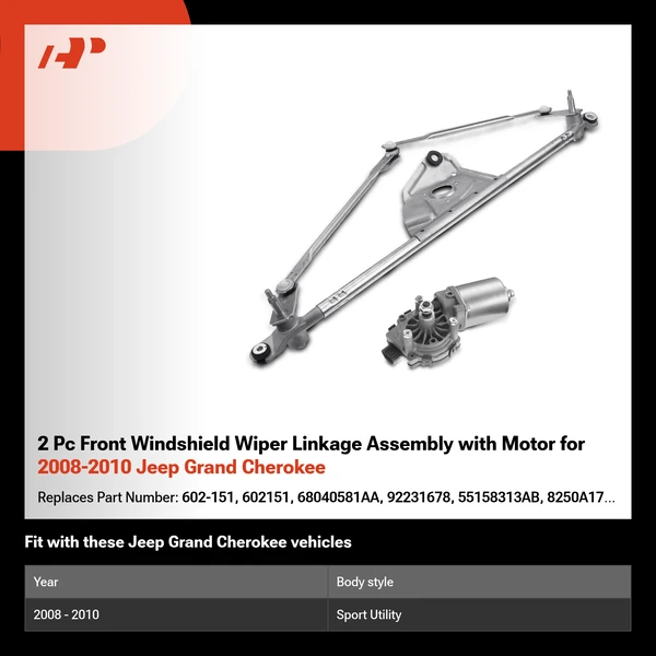 2 Pc Front Windshield Wiper Linkage Assembly with Motor for 2008-2010 Jeep Grand Cherokee