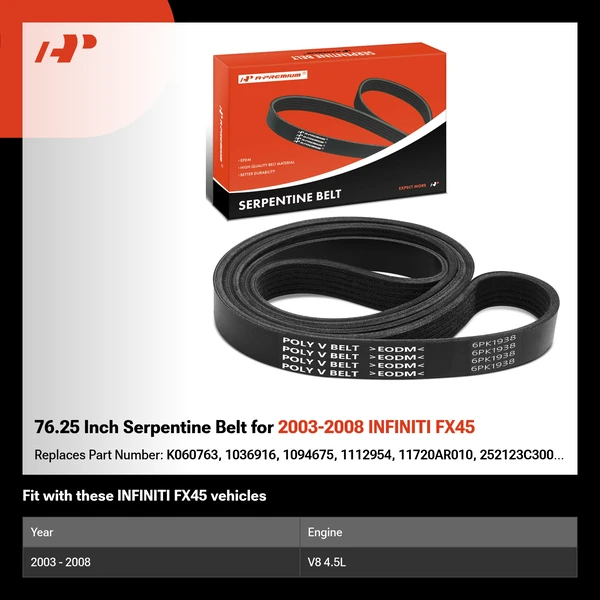 76.25 Inch Serpentine Belt for 2003-2008 INFINITI FX45