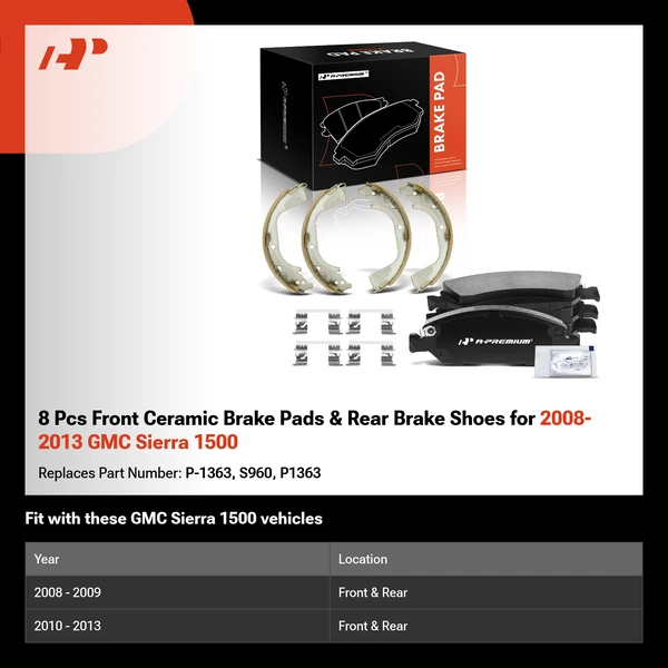 8 Pcs Front Ceramic Brake Pads & Rear Brake Shoes for 2008-2013 GMC Sierra 1500