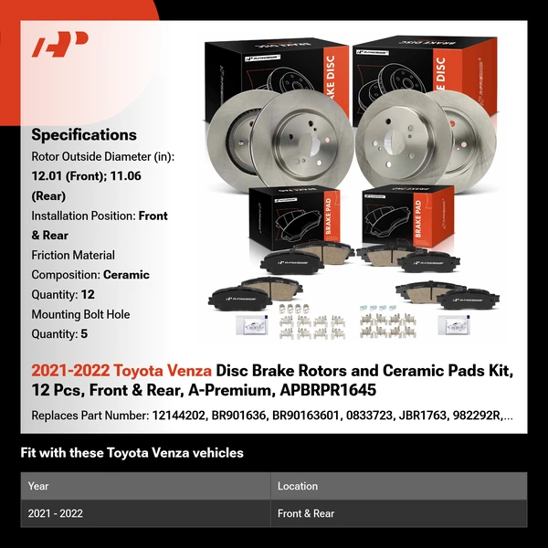 2021-2022 Toyota Venza Disc Brake Rotors and Ceramic Pads Kit, 12 Pcs, Front & Rear, A-Premium, APBRPR1645