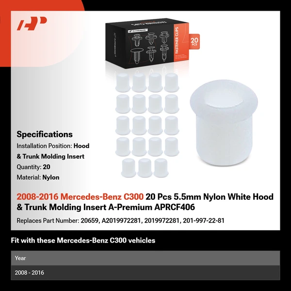 2008-2016 Mercedes-Benz C300 20 Pcs 5.5mm Nylon White Hood & Trunk Molding Insert A-Premium APRCF406