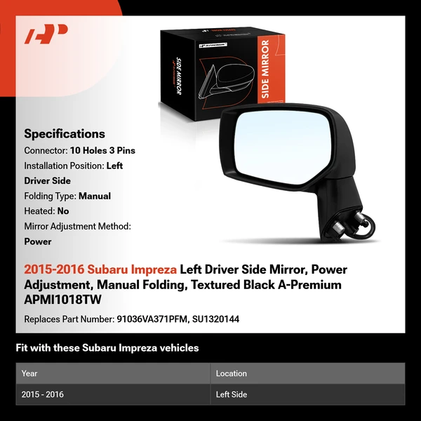 2015-2016 Subaru Impreza Left Driver Side Mirror, Power Adjustment, Manual Folding, Textured Black A-Premium APMI1018TW