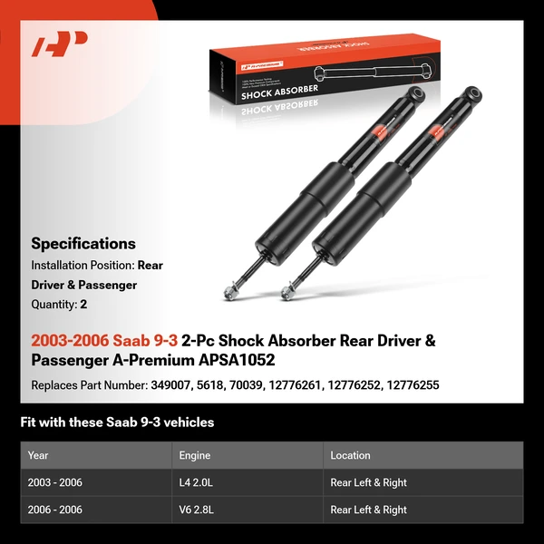 2003-2006 Saab 9-3 2-Pc Shock Absorber Rear Driver & Passenger A-Premium APSA1052