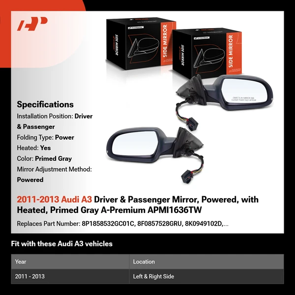 2011-2013 Audi A3 Driver & Passenger Mirror, Powered, with Heated, Primed Gray A-Premium APMI1636TW