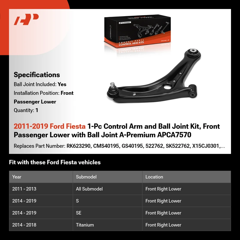 2011-2019 Ford Fiesta 1-Pc Control Arm and Ball Joint Kit, Front Passenger Lower with Ball Joint A-Premium APCA7570