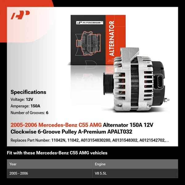 2005-2006 Mercedes-Benz C55 AMG Alternator 150A 12V Clockwise 6-Groove Pulley A-Premium APALT032