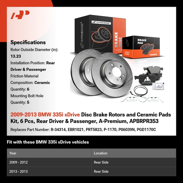 2009-2013 BMW 335i xDrive Disc Brake Rotors and Ceramic Pads Kit, 6 Pcs, Rear Driver & Passenger, A-Premium, APBRPR353
