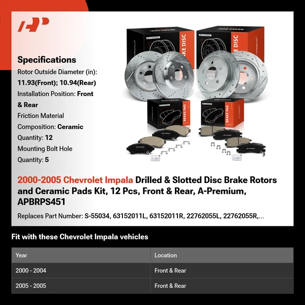 2000-2005 Chevrolet Impala Drilled & Slotted Disc Brake Rotors and Ceramic Pads Kit, 12 Pcs, Front & Rear, A-Premium, APBRPS451