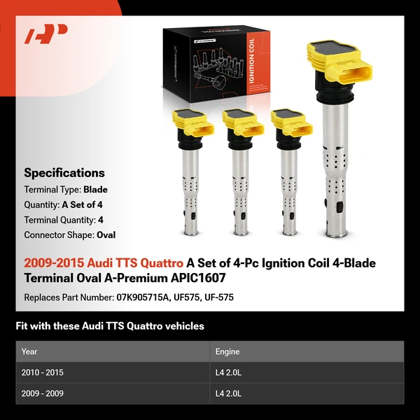 2009-2015 Audi TTS Quattro A Set of 4-Pc Ignition Coil 4-Blade Terminal Oval A-Premium APIC1607