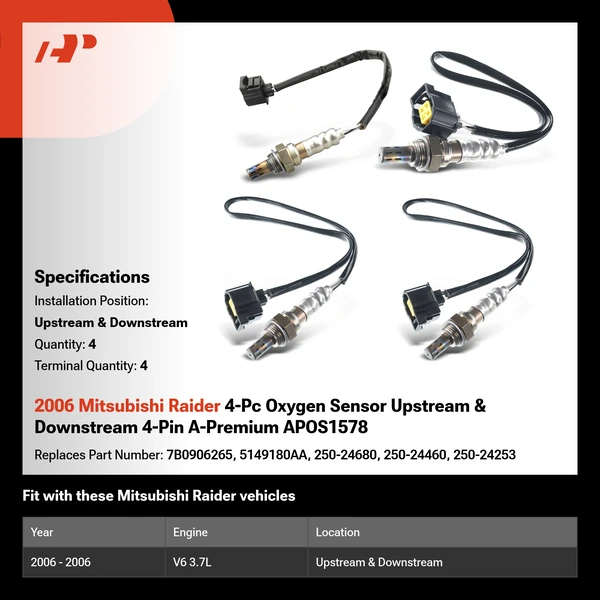 2006 Mitsubishi Raider 4-Pc Oxygen Sensor Upstream & Downstream 4-Pin A-Premium APOS1578