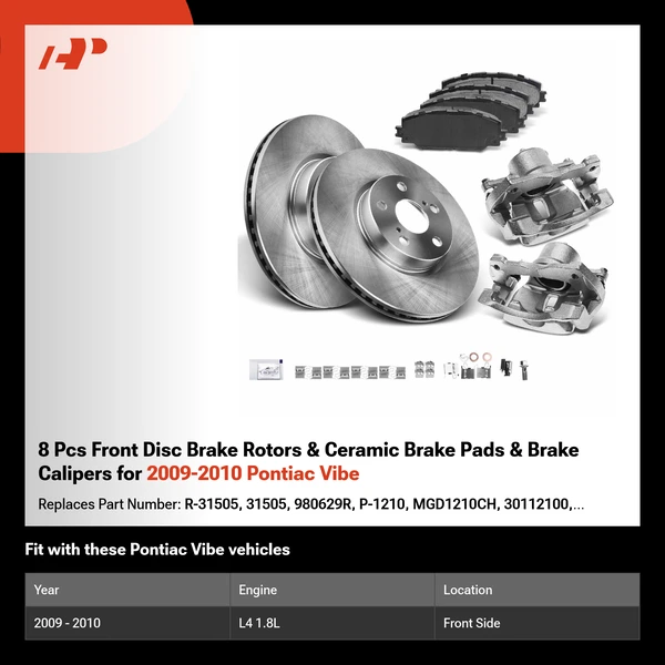 8 Pcs Front Disc Brake Rotors & Ceramic Brake Pads & Brake Calipers for 2009-2010 Pontiac Vibe
