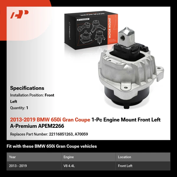 2013-2019 BMW 650i Gran Coupe 1-Pc Engine Mount Front Left A-Premium APEM2266