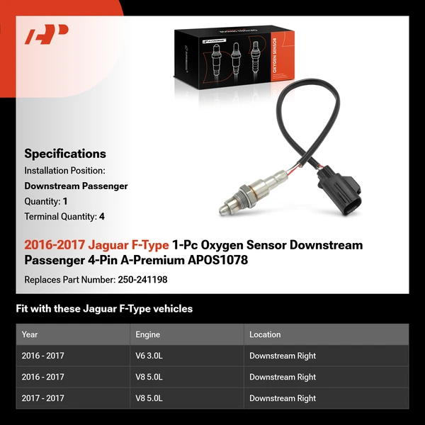 2016-2017 Jaguar F-Type 1-Pc Oxygen Sensor Downstream Passenger 4-Pin A-Premium APOS1078