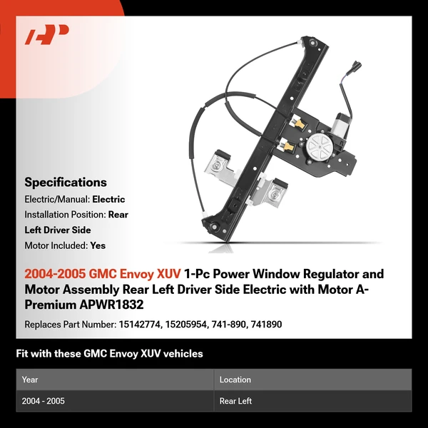 2004-2005 GMC Envoy XUV 1-Pc Power Window Regulator and Motor Assembly Rear Left Driver Side Electric with Motor A-Premium APWR1832