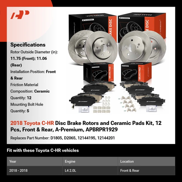 2018 Toyota C-HR Disc Brake Rotors and Ceramic Pads Kit, 12 Pcs, Front & Rear, A-Premium, APBRPR1929