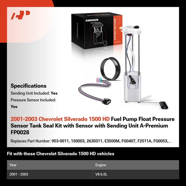 2001-2003 Chevrolet Silverado 1500 HD Fuel Pump Float Pressure Sensor Tank Seal Kit with Sensor with Sending Unit A-Premium FP0028