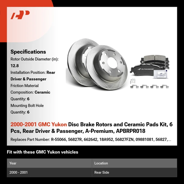 2000-2001 GMC Yukon Disc Brake Rotors and Ceramic Pads Kit, 6 Pcs, Rear Driver & Passenger, A-Premium, APBRPR018