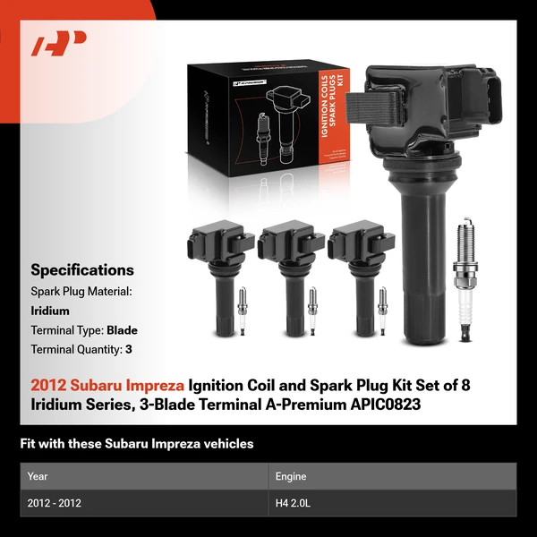 2012 Subaru Impreza Ignition Coil and Spark Plug Kit Set of 8 Iridium Series, 3-Blade Terminal A-Premium APIC0823