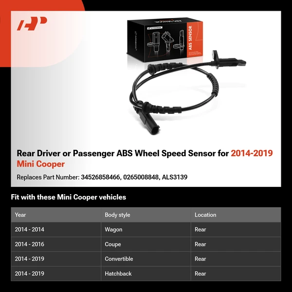 Rear Driver or Passenger ABS Wheel Speed Sensor for 2014-2019 Mini Cooper