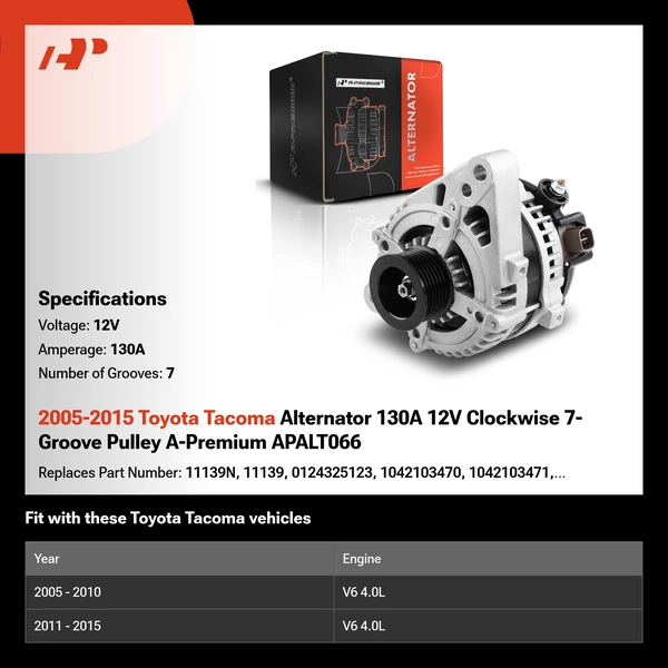 2005-2015 Toyota Tacoma Alternator 130A 12V Clockwise 7-Groove Pulley A-Premium APALT066