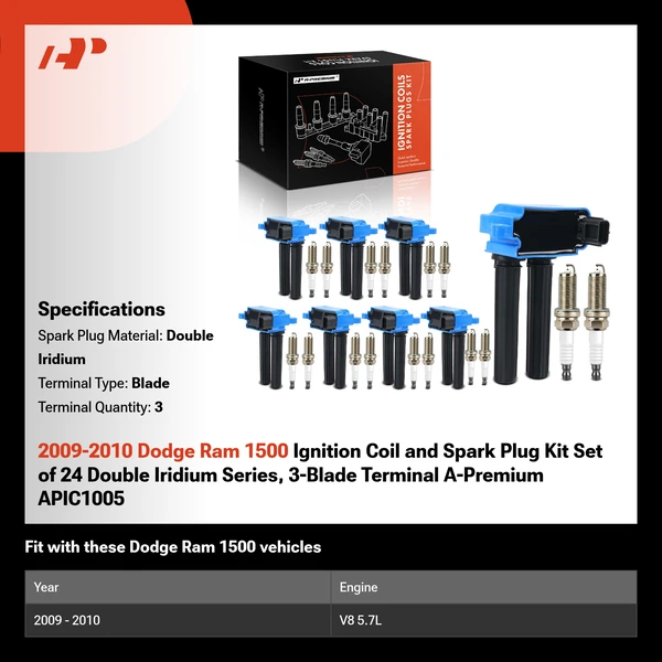 2009-2010 Dodge Ram 1500 Ignition Coil and Spark Plug Kit Set of 24 Double Iridium Series, 3-Blade Terminal A-Premium APIC1005