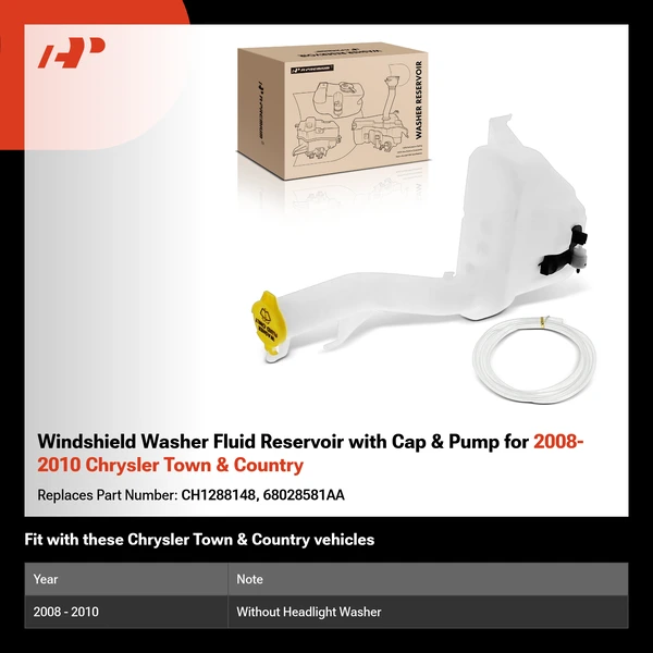 Windshield Washer Fluid Reservoir with Cap & Pump for 2008-2010 Chrysler Town & Country