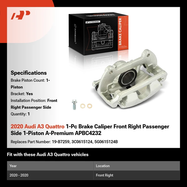 2020 Audi A3 Quattro 1-Pc Brake Caliper Front Right Passenger Side 1-Piston A-Premium APBC4232