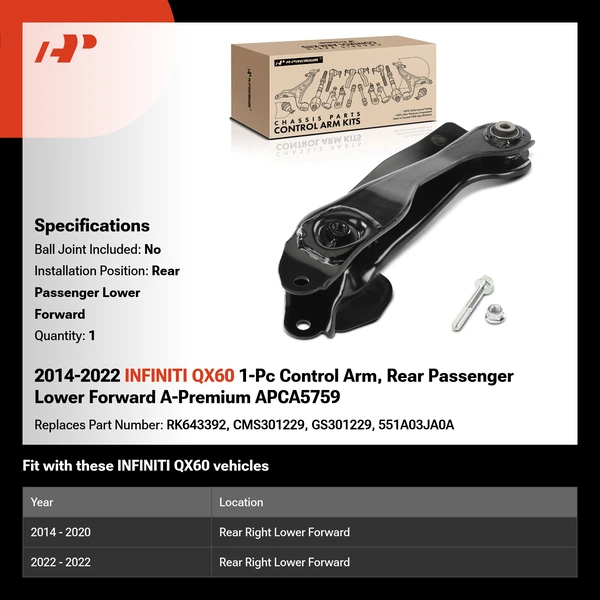 2014-2022 INFINITI QX60 1-Pc Control Arm, Rear Passenger Lower Forward A-Premium APCA5759