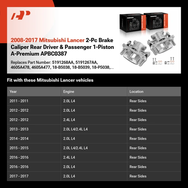 2008-2017 Mitsubishi Lancer 2-Pc Brake Caliper Rear Driver & Passenger 1-Piston A-Premium APBC0387